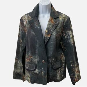 Chico’s, Abstract Art Faux Denim Women’s Single button Blazer